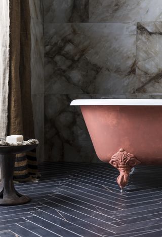 how to choose bathroom flooring blue parquet porcelain tiles by Mandarin Stone