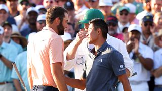 Collin Morikawa congratulates Scottie Scheffler after his win at The Masters