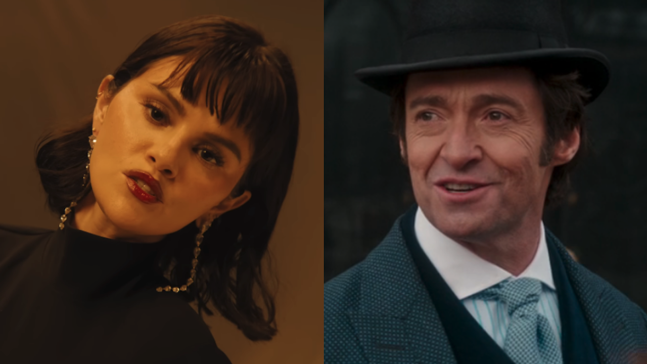 Selena Gomez in In The Dark music video side-by-side with Hugh Jackman in The Greatest Showman