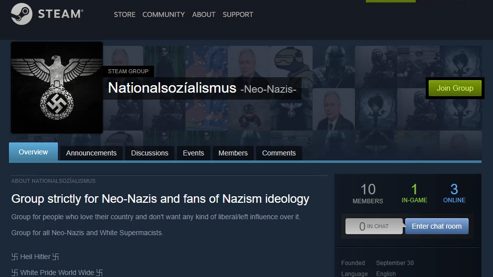 Screenshot of a Steam group which Valve banned after Motherboard reported on it.
