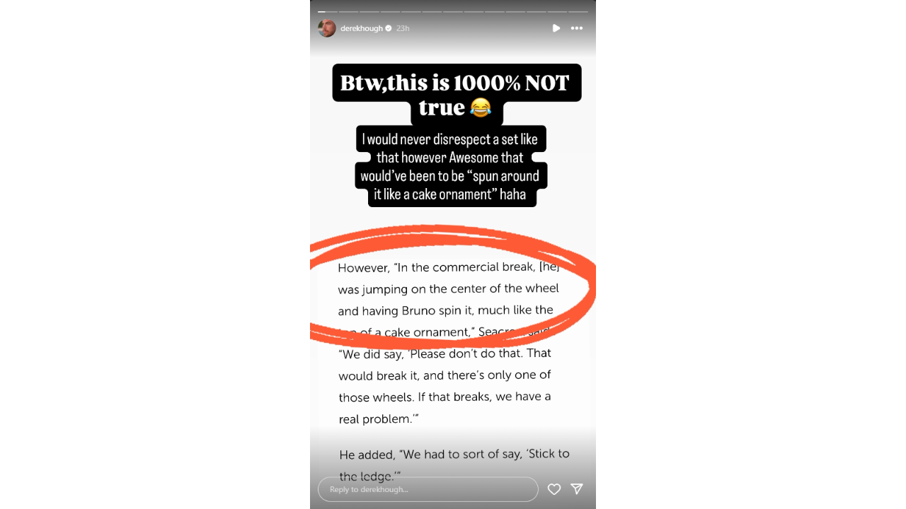 Derek Hough's Instagram story explaining, in text, he didn't jump onto the wheel while on Wheel of Fortune.