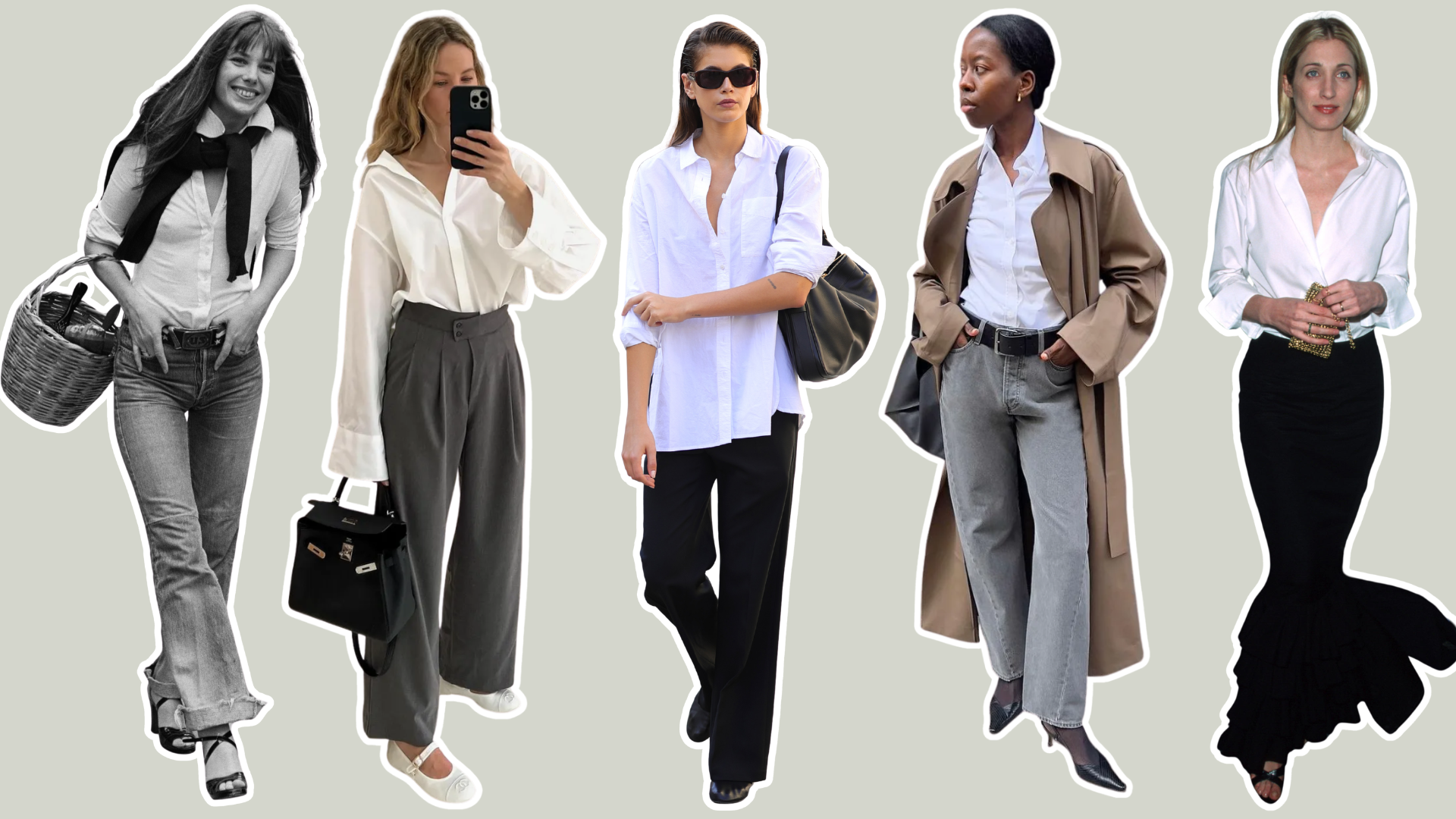 An image of the best white shirts, as seen on Kaia Gerber, Carolyn Besette Kennedy and Jane Birkin. 