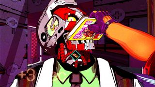 A robot gets a VHS stuffed in its mouth in Mullet Mad Jack