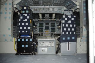 The restored interior of NASA's Shuttle Mission Simulator-Motion Base prior to it being powered for display at the Lone Star Flight Museum in Houston on Tuesday, April 12, 2022.