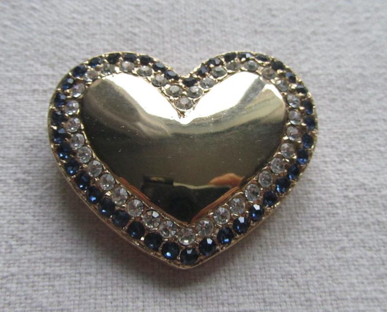 Vintage Gold Tone Blue Rhinestones Heart Brooch