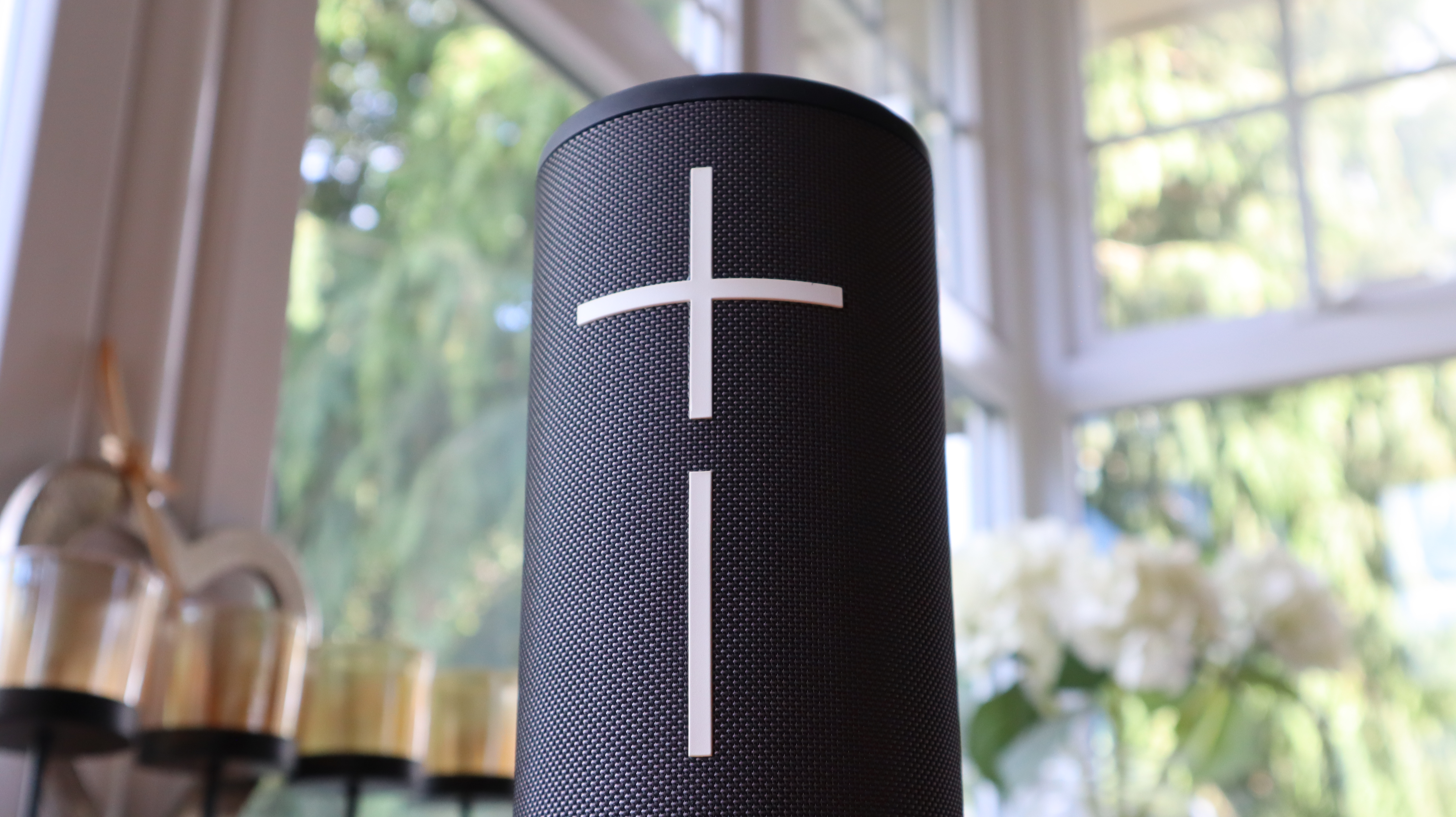 Ultimate Ears Megaboom 4 in black, in a house with white window frames in the background