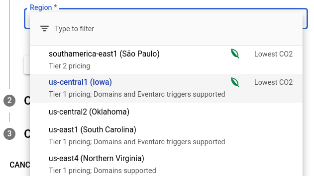 Cloud Console location selector