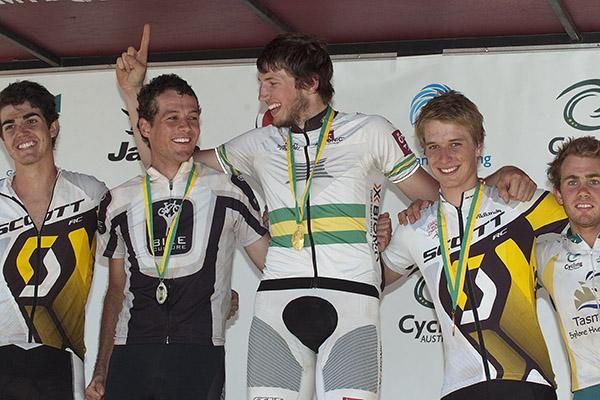Happy times on the podium for the top-five from the men's under 23 cross country.