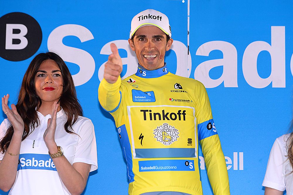Alberto Contador (Tinkoff) give his 'pistolero' salute from the podium at Pais Vasco