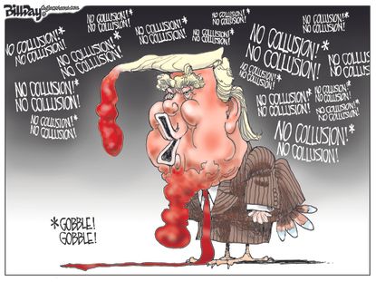 Political cartoon U.S. Trump turkey no collusion Mueller probe Thanksgiving