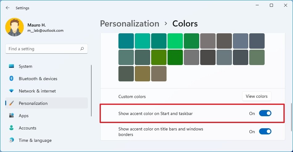 Show accent color on Start and taskbar