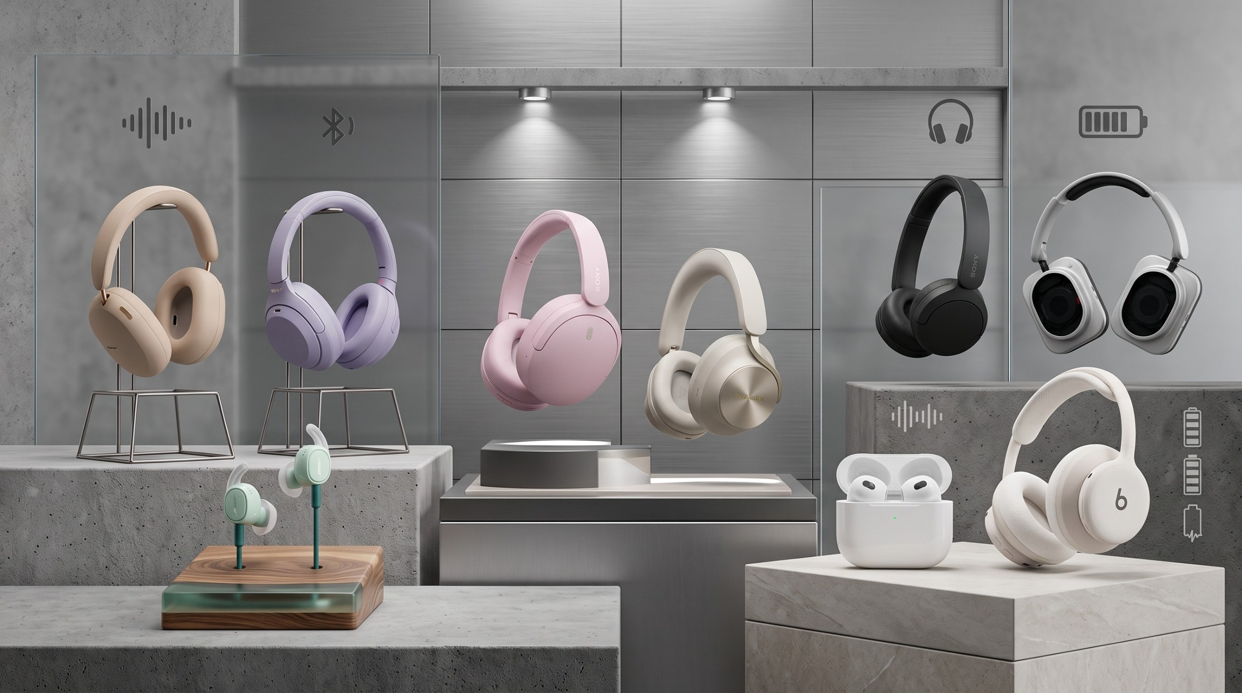 A collection of headphones in a futuristic shop window. The headphones are mostly pastel colors 