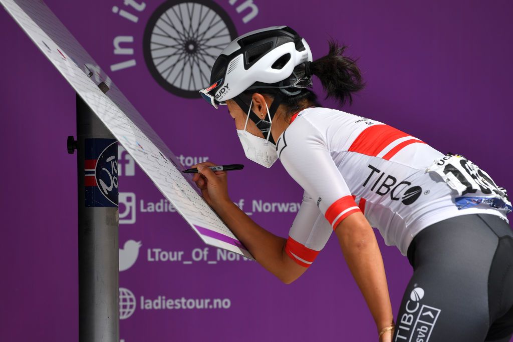 SARPSBORG NORWAY AUGUST 12 Eri Yonamine of Japan and Team Tibco Silicon Valley Bank prior to the 7th Ladies Tour Of Norway 2021 Stage 1 a 1415km stage from Halden to Sarpsborg LTourOfNorway LTON21 UCIWWT on August 12 2021 in Sarpsborg Norway Photo by Luc ClaessenGetty Images