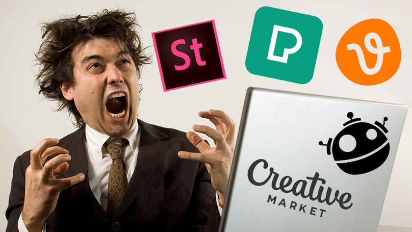 An image of a person struggling to find good stock images on a stock image site that has been made unusable by AI. Logos of stock images sites Adobe Stock, Pexels, Vecteezy, Freepik and Creative Market