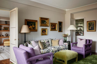 A living room with green and purple combined