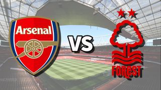 The Arsenal and Nottingham Forest club badges on top of a photo of Emirates Stadium in London, England, ahead of the Arsenal vs Nottm Forest Premier League game.