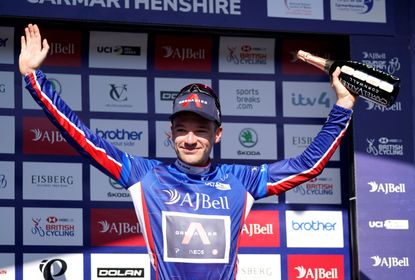 Ethan Hayter in the leader's jersey after stage three o the Tour of Britain 2021