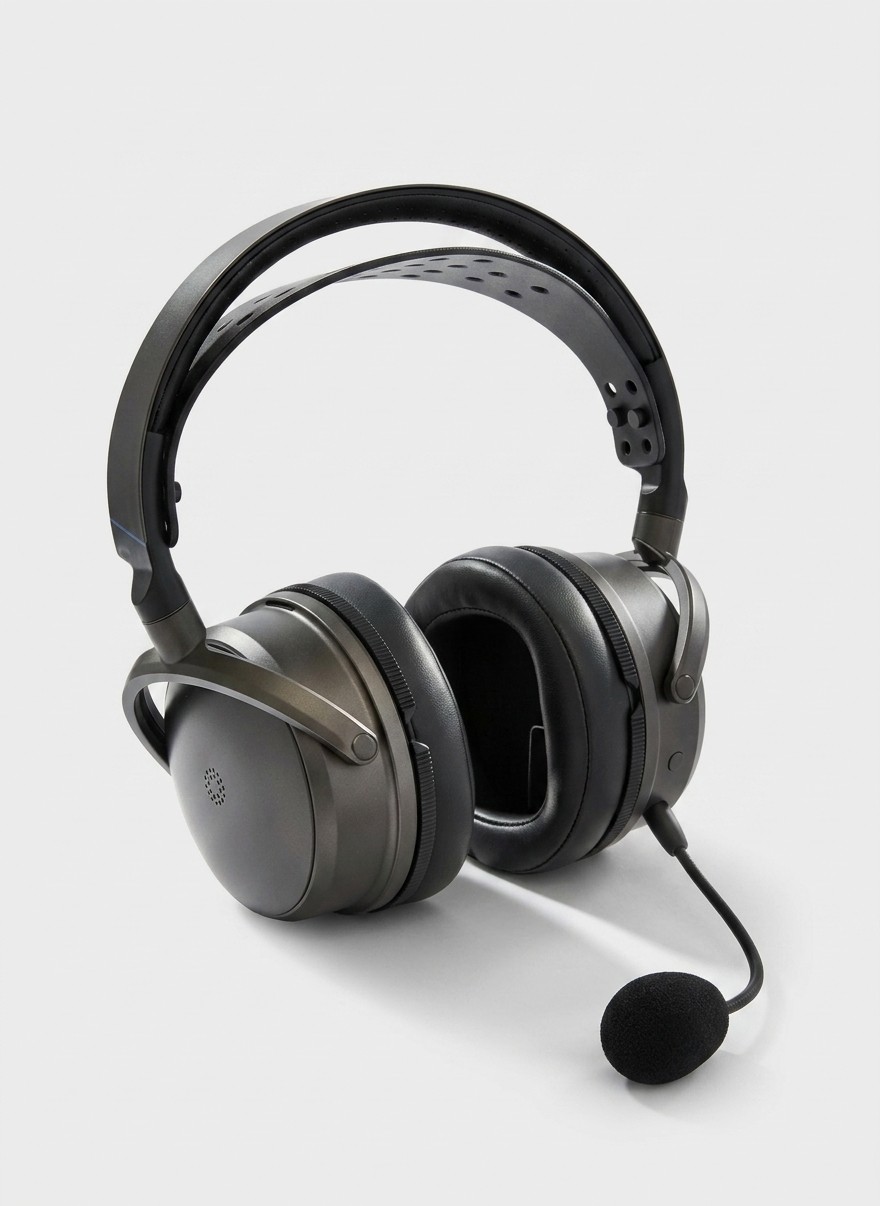 An Audeze Maxwell 2 wireless gaming headset with attached microphone on a grey background