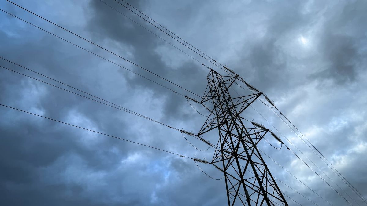 An electric pylon stands in a field