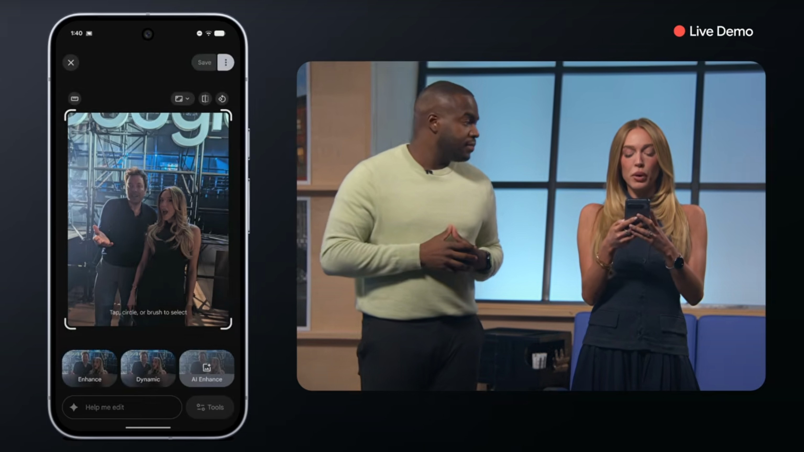 Alex Cooper using Edit with Ask Photos to edit a picture of her and Jimmy Fallon on a Pixel 10 Pro