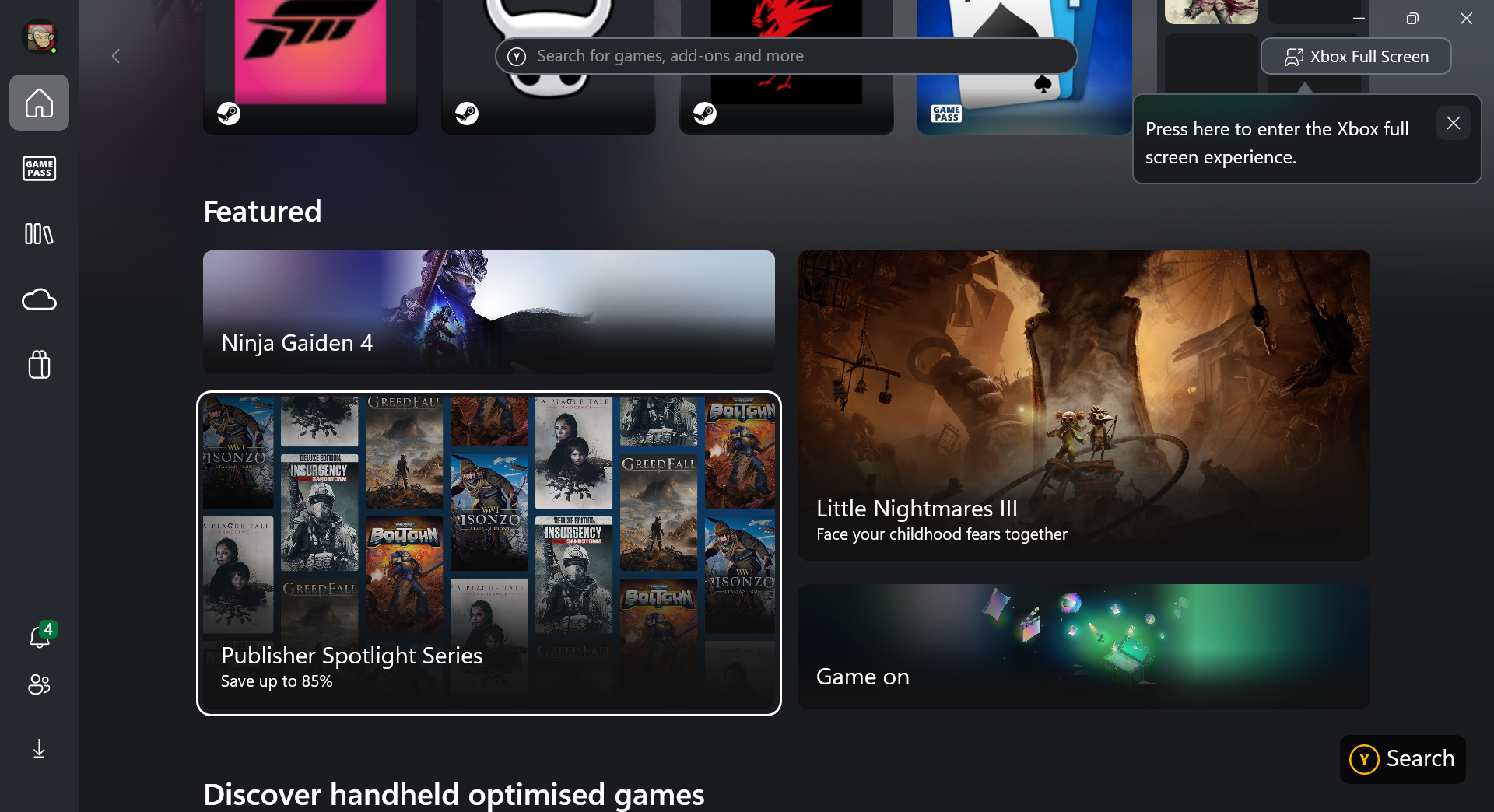 Screenshots of the Xbox Ally X handheld