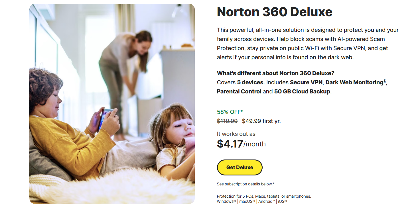 Norton 360 Deluxe features and pricing.