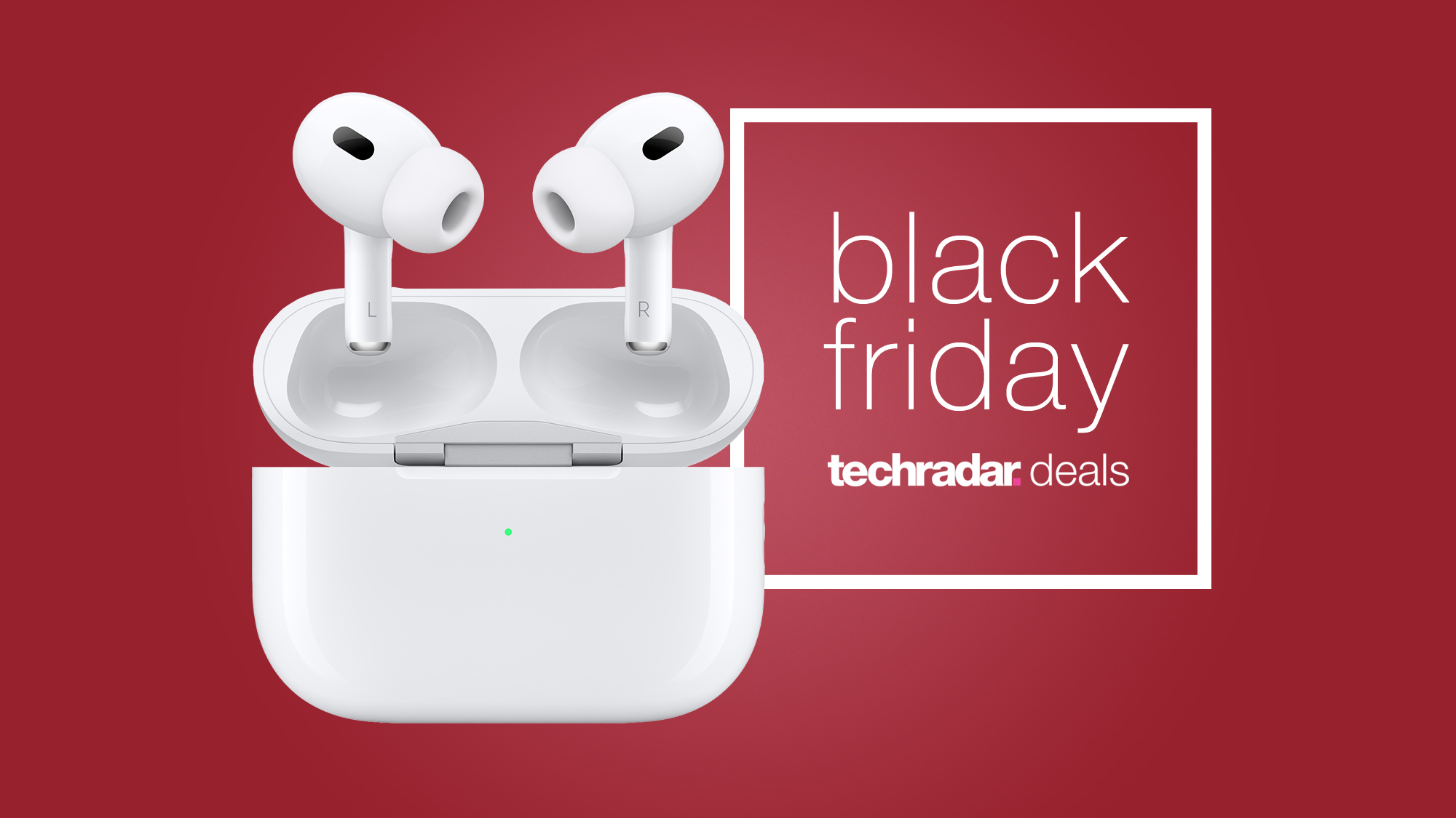 Apple AirPods Pro 2 on red background, with sign saying Black Friday deals