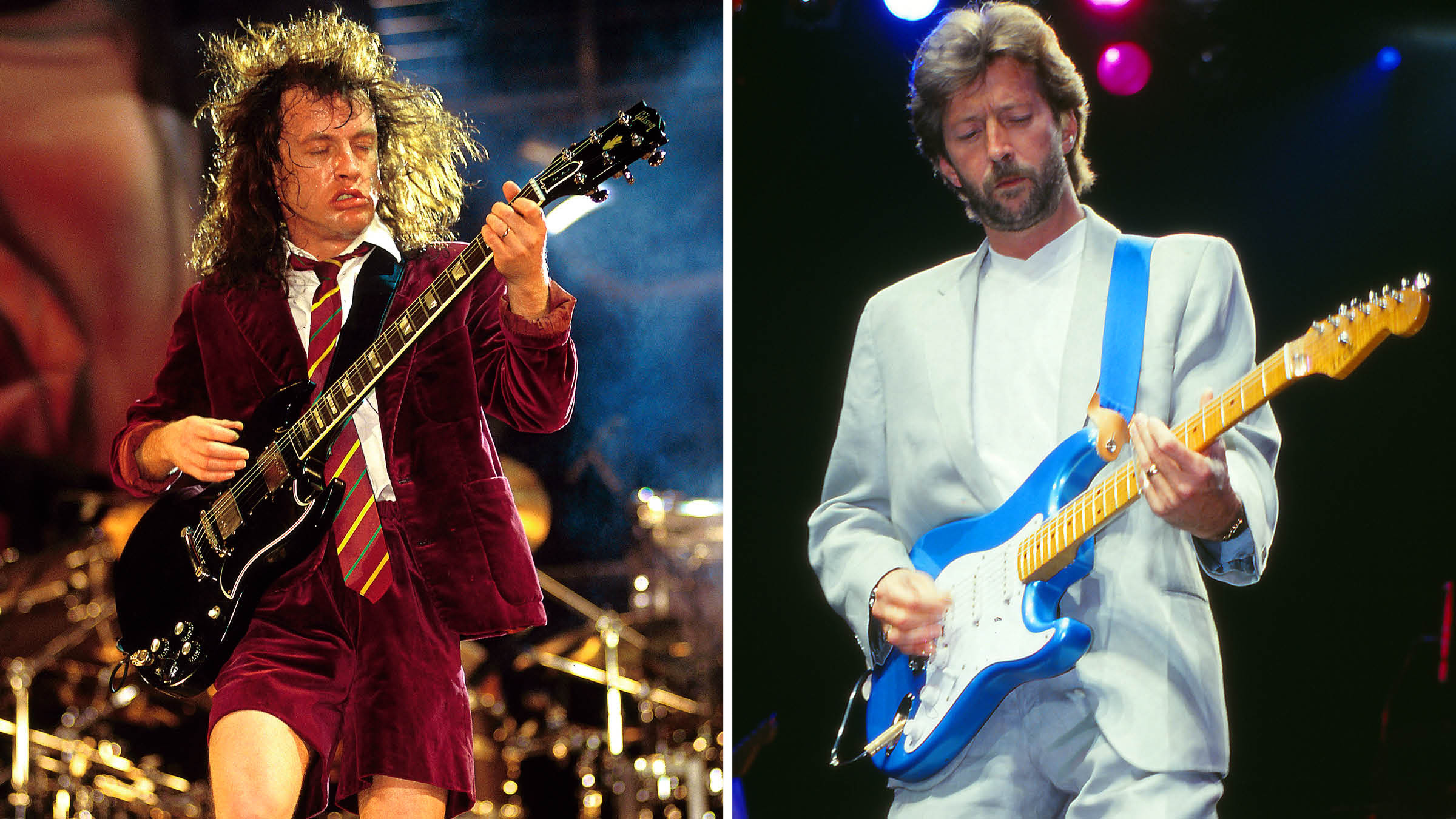 Angus Young wears his school uniform as AC/DC play Donington Monsters of Rock [left]; Eric Clapton is suited and playing a pale blue Strat in the mid '80s.
