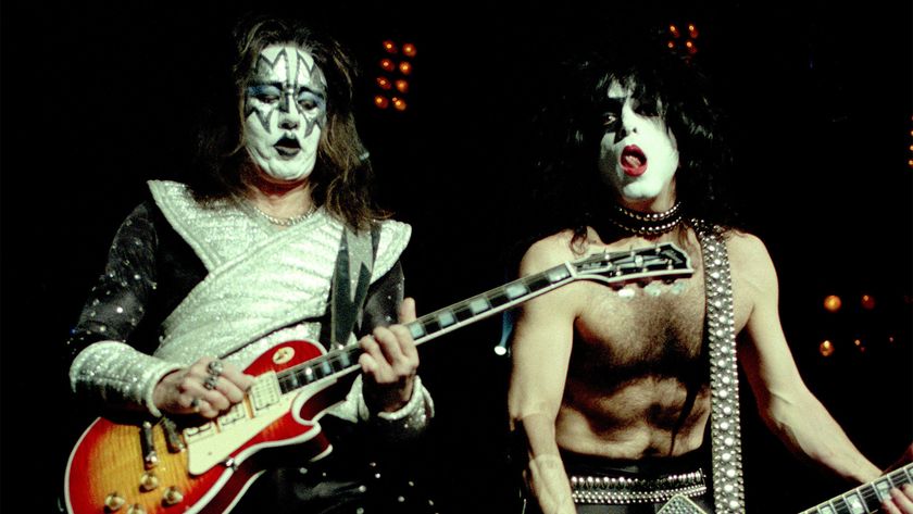 Ace Frehley and Paul Stanley perform with Kiss at the Forum Assago in Milan, Italy, December 18, 1996.