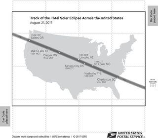 The back of the 2017 total solar eclipse stamps features a map of the path the moon's shadow will take over the continental U.S. on Aug. 21.