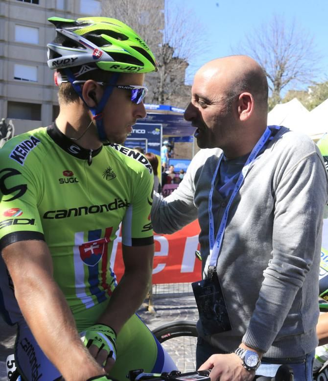 Peter Sagan (Cannondale) speaks with Paolo Bettini before the start of stage 6 at Tirreno-Adriatico