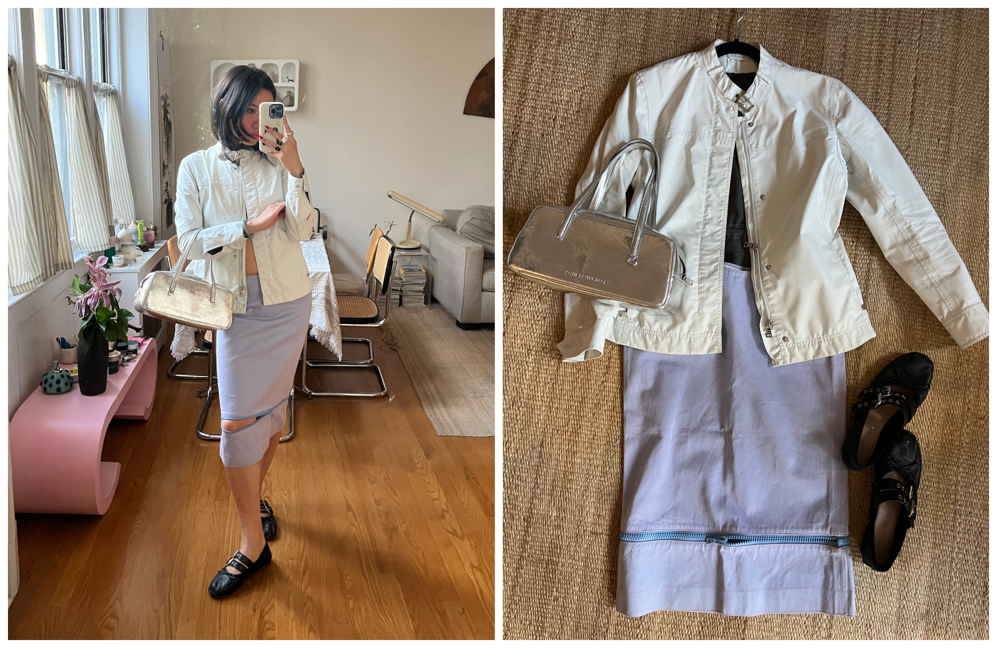 Vivian Li in a white leather jacket, blue skirt, and black mary jane flats