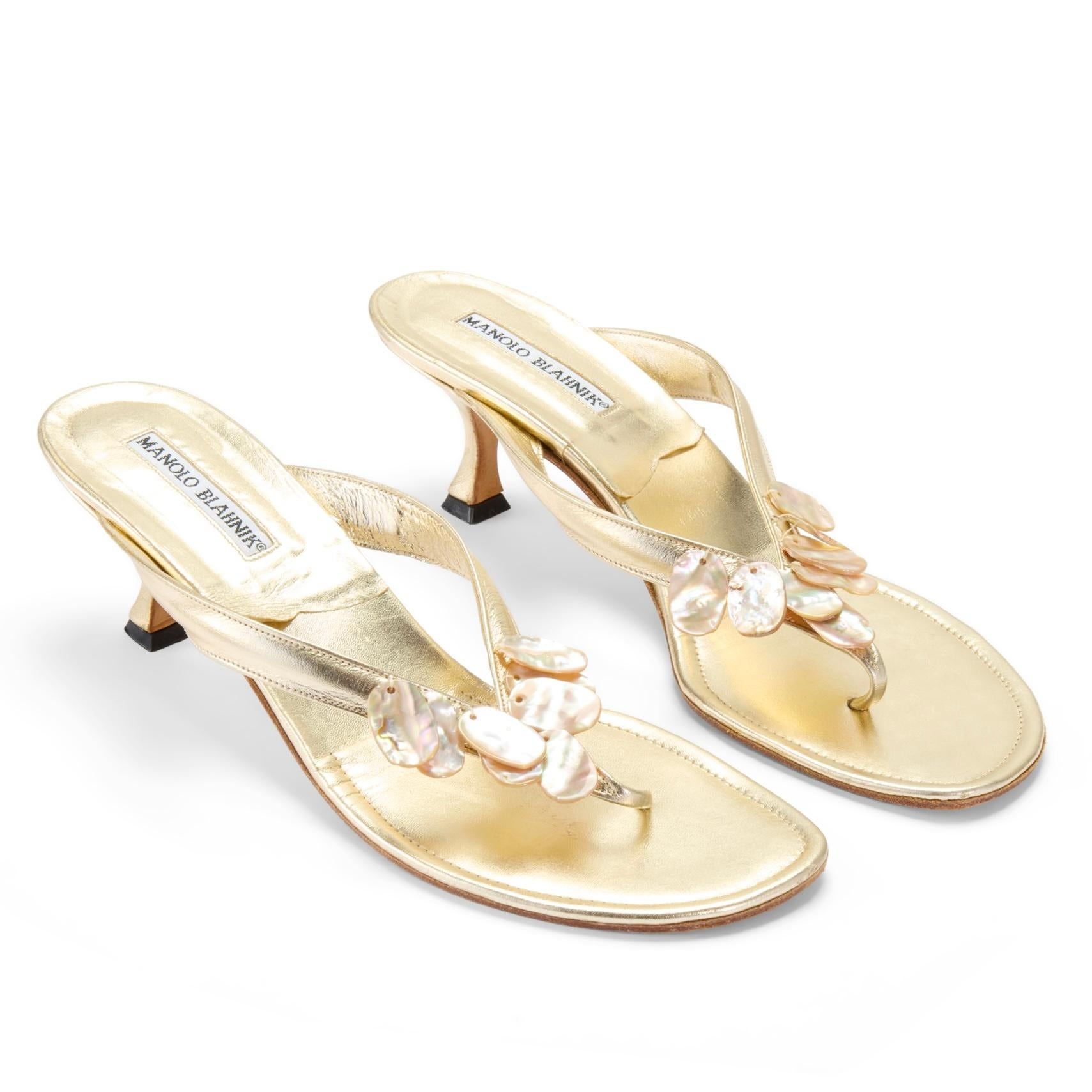 Manolo Blahnik, 2000s Gold Pearlescent Seashell Thong Heels