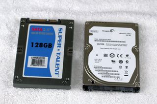Our two replacement drives: the 128 GB Super Talent SSD on the left, and the Seagate 7,200 RPM 250 GB Momentus hard disk on the right.