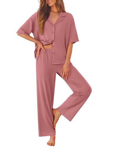 Ekouaer Women Pajamas Set Button Down Sleepwear Short Sleeve Pjs Soft Comfy Nightwear With Long Pants,old Rose,m