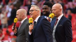 Gary Lineker, Danny Murphy, Micah Richards and Alan Shearer working on BBC coverage of the FA Cup semi-final between Manchester City and Liverpool at Wembley in April 2022.