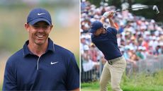 Rory McIlroy smiling and a photo of him at the top of his backswing on a drive