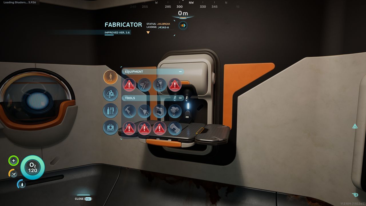 Subnautica 2 fully functional Fabricator: A player looking at the Fabricator crafting menu, with some recipes marked with a red warning sign.