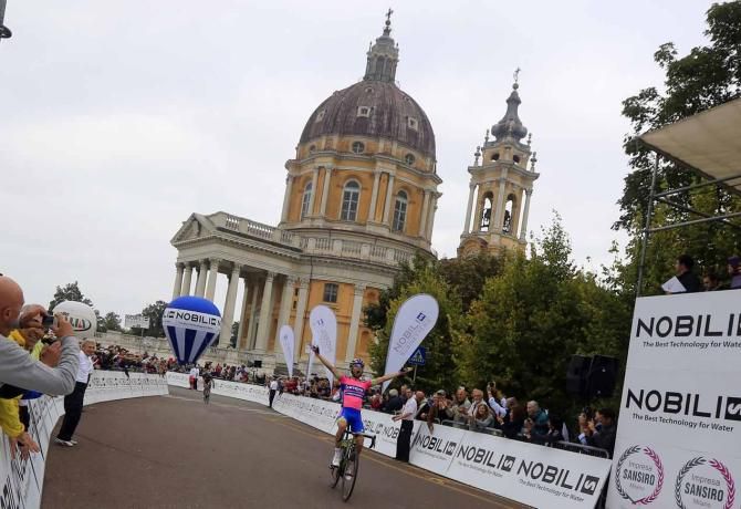 Diego Ulissi (Lampre-Merida) wins Milano-Torino in the shadow of the basilica at Superga.