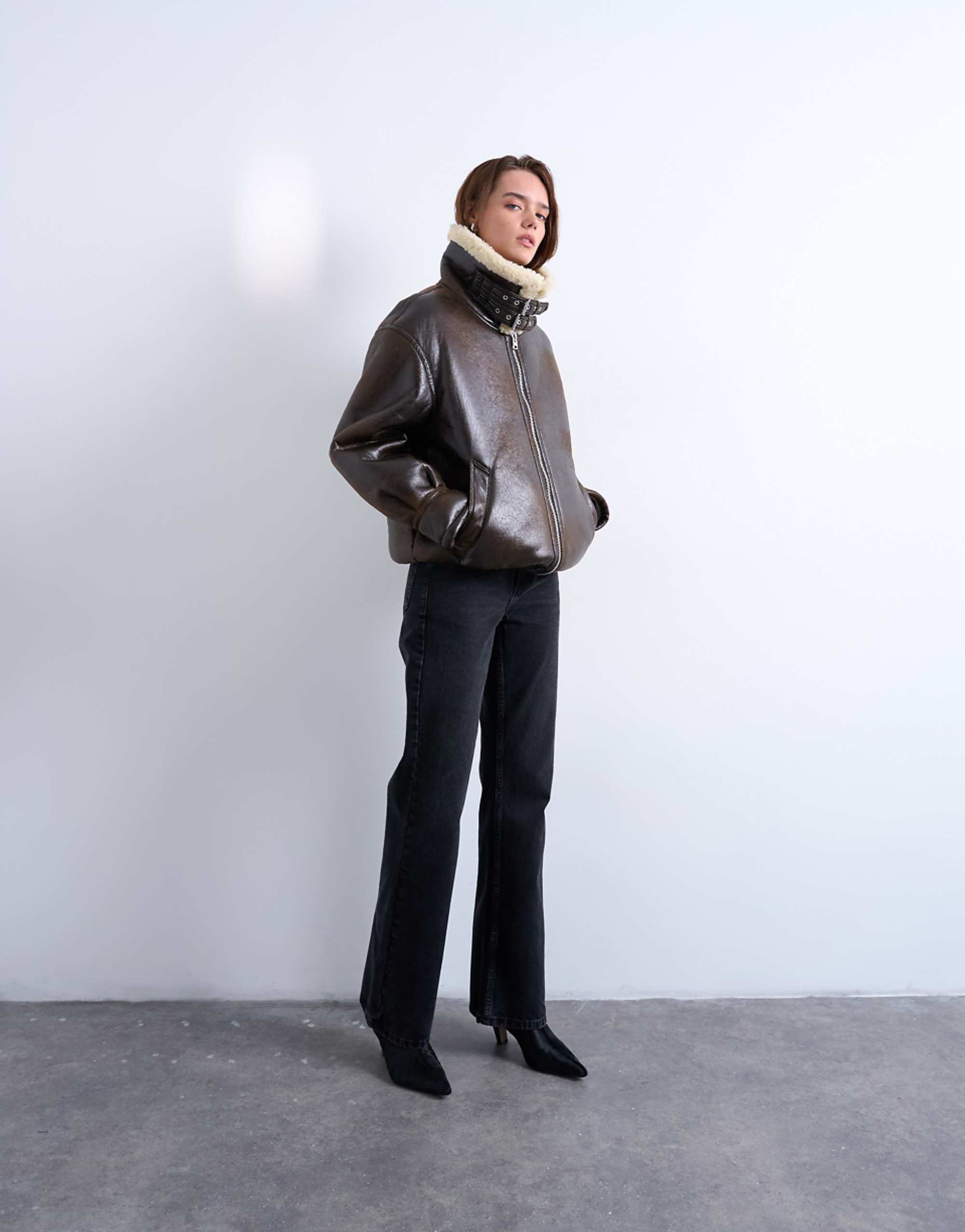 Topshop Oversized Tab Detail Shearling Bomber in Brown
