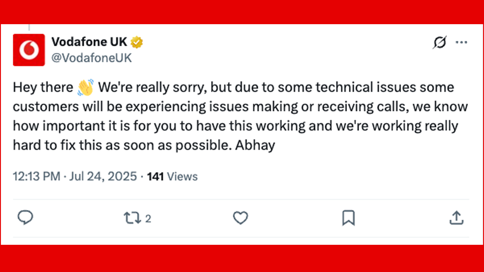 A message from Vodafone customer service on X about an outage