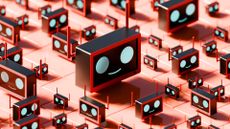 A visualization of AI agents, shown as dozens of cubic, dark grey robot heads with red outlines, on a cubic pink background.