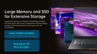 Details on the 16GB LPDDR5 4800MHz memory and 1TB of storage in the Haier Mix Pro14 Ultrabook