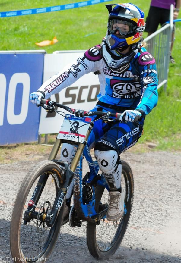 Rachael Atherton (Commencal) realizing she had the best time with one rider to go