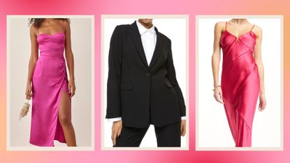 Valentine's Day Outfits: pictured a pink satin dress from Reformation, a black blazer from H&M and a pink and red satin dress from ASOS/ in a pink, red and orange template