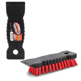 A black handheld scrub brush with red bristles