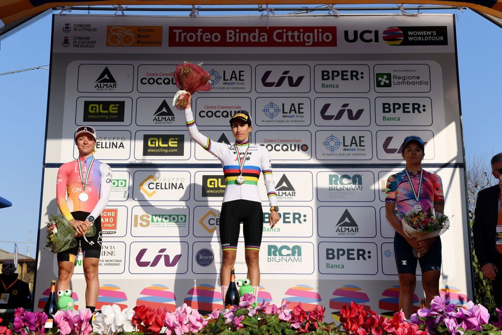 CITTIGLIO ITALY MARCH 20 LR Sofia Bertizzolo of Italy and UAE Team ADQ on second place race winner Elisa Balsamo of Italy and Team Trek Segafredo and Soraya Paladin of Italy and Team Canyon SRAM Racing on third place pose on the podium during the podium ceremony after the 46th Trofeo Alfredo BindaComune di Cittiglio 2021 Womens Elite a 1418km one day race from Cocquio Trevisago to Cittiglio TrBinda UCIWWT on March 20 2022 in Cittiglio Italy Photo by Tim de WaeleGetty Images