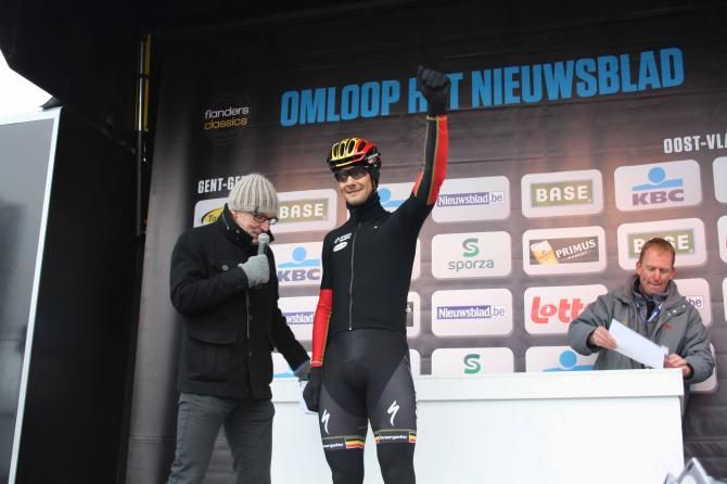 Tom Boonen (Omega Pharma-QuickStep) greets the fans in Sint-Pietersplein, Ghent before Omloop Het Nieuwsblad.