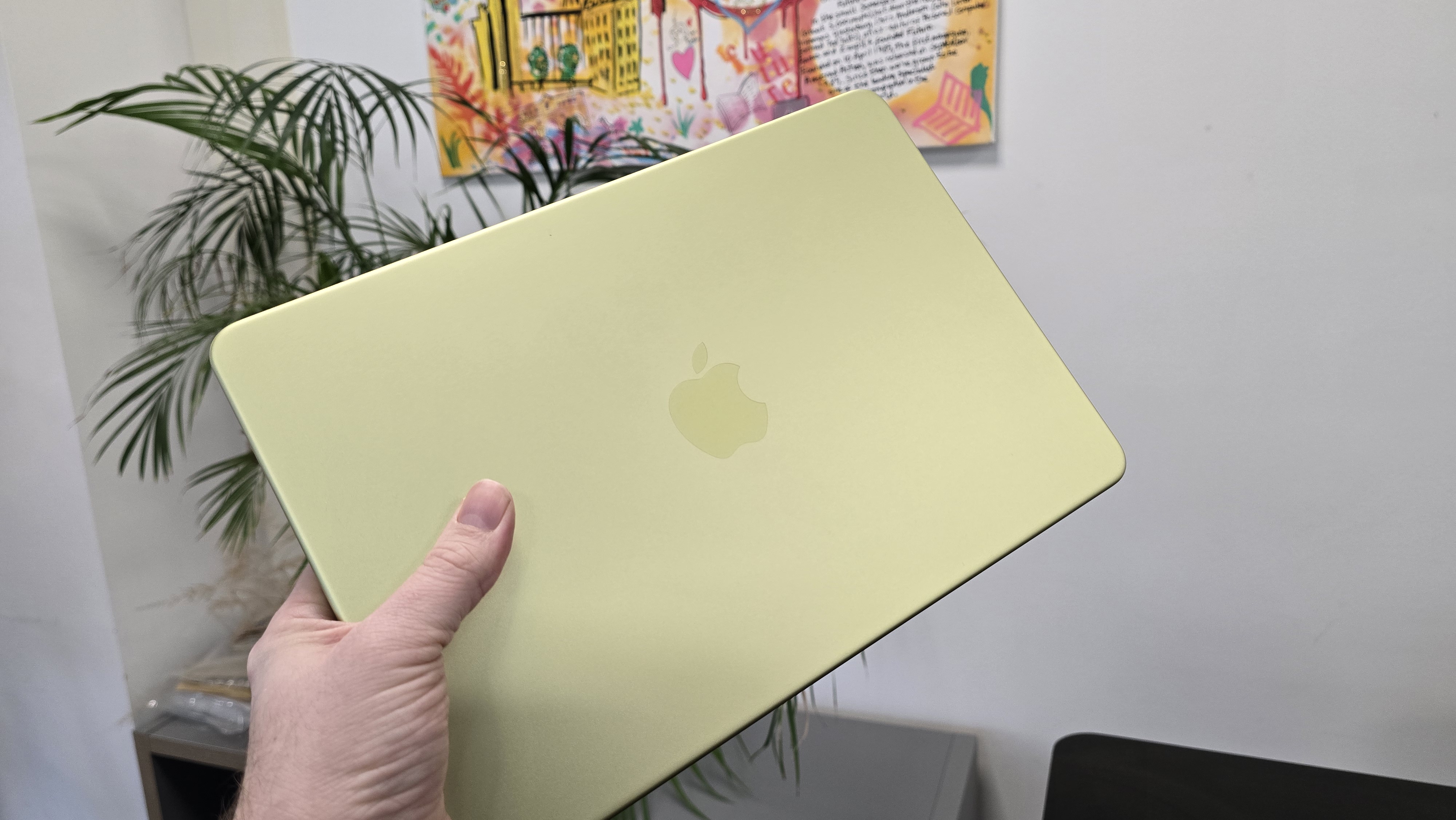 MacBook Neo laptop on a desk with plant in background