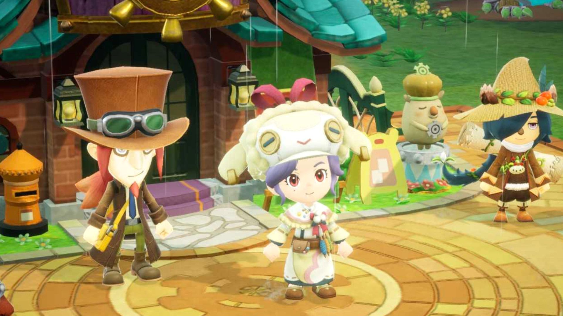 A hero standing outside of a building while they are wearing the tailor outfit during the relaxing RPG, Fantasy Life i: The Girl Who Steals Time